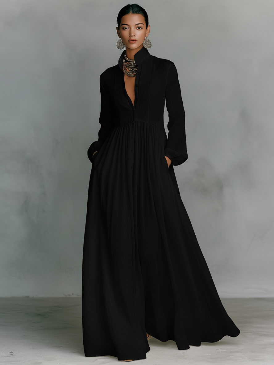 Vestido Maxi de Linho Patchwork com Gola Mao