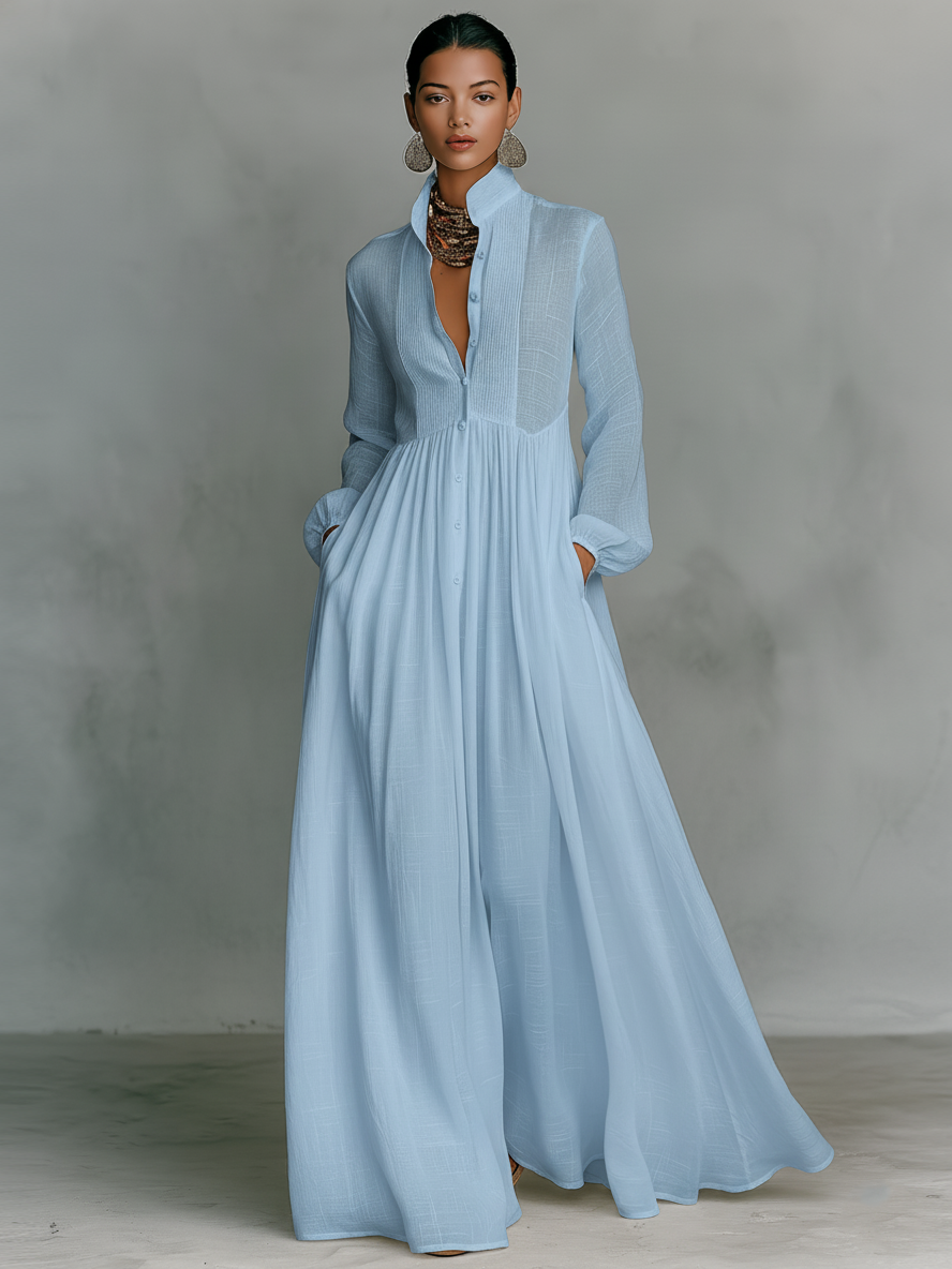 Vestido Maxi de Linho Patchwork com Gola Mao