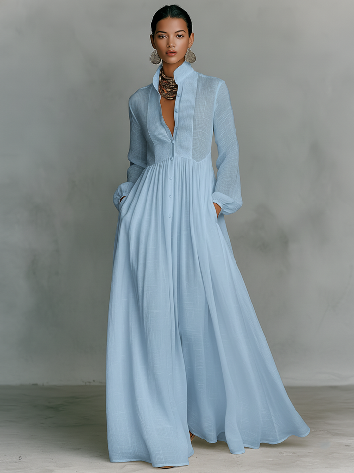 Vestido Maxi de Linho Patchwork com Gola Mao