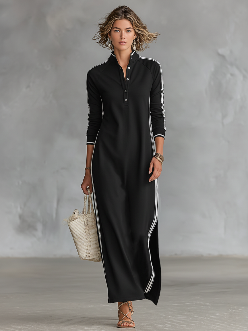 Vestido Maxi de Jersey com Gola de Botões