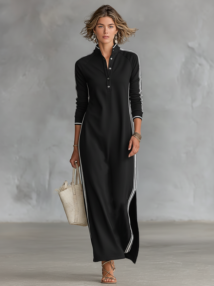 Vestido Maxi de Jersey com Gola de Botões