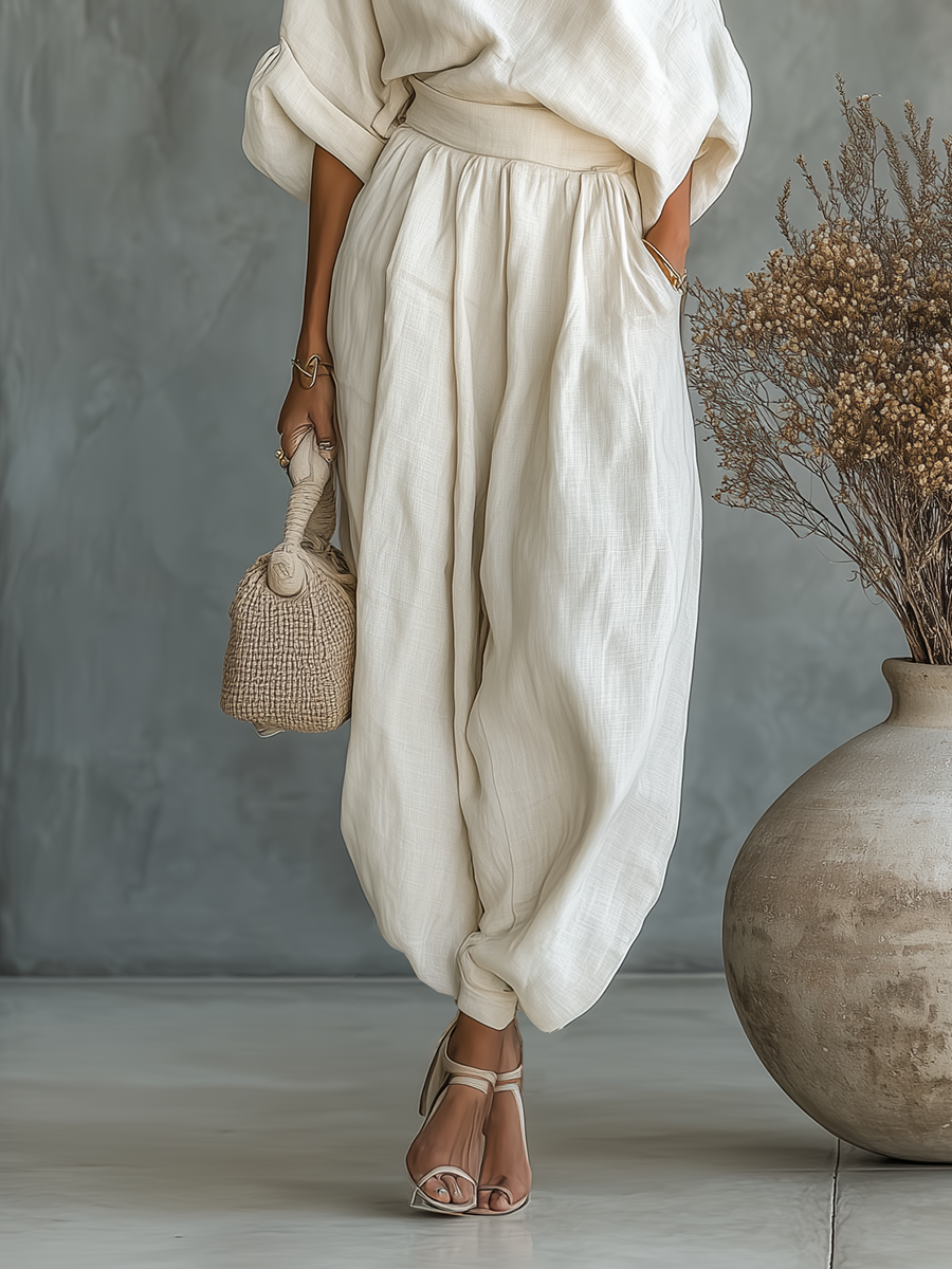Conjunto de Linho Off-Shoulder com Calças