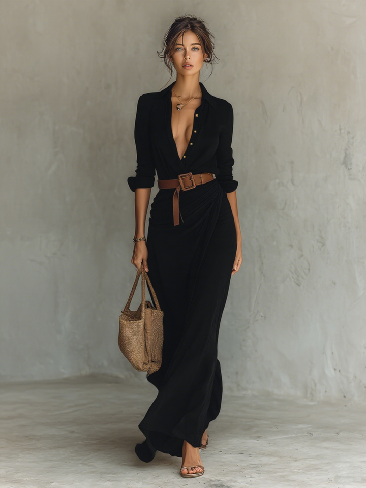 Vestido Maxi com Colarinho de Lapela e Mangas Compridas