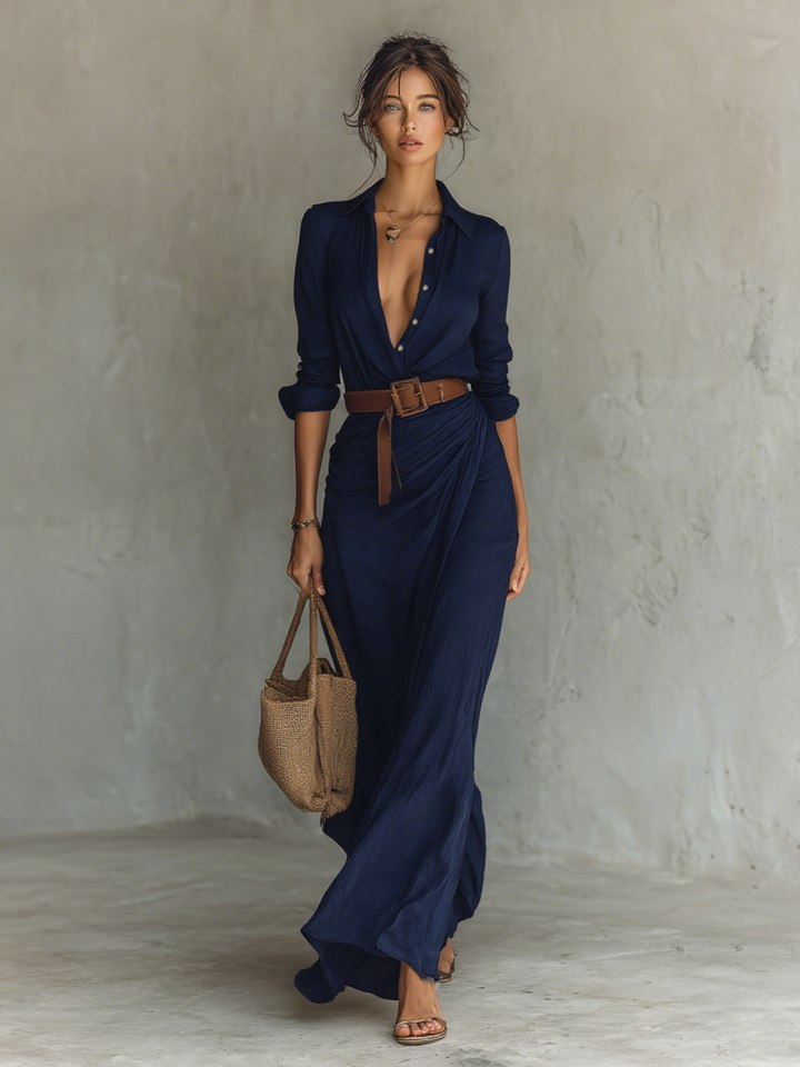 Vestido Maxi com Colarinho de Lapela e Mangas Compridas