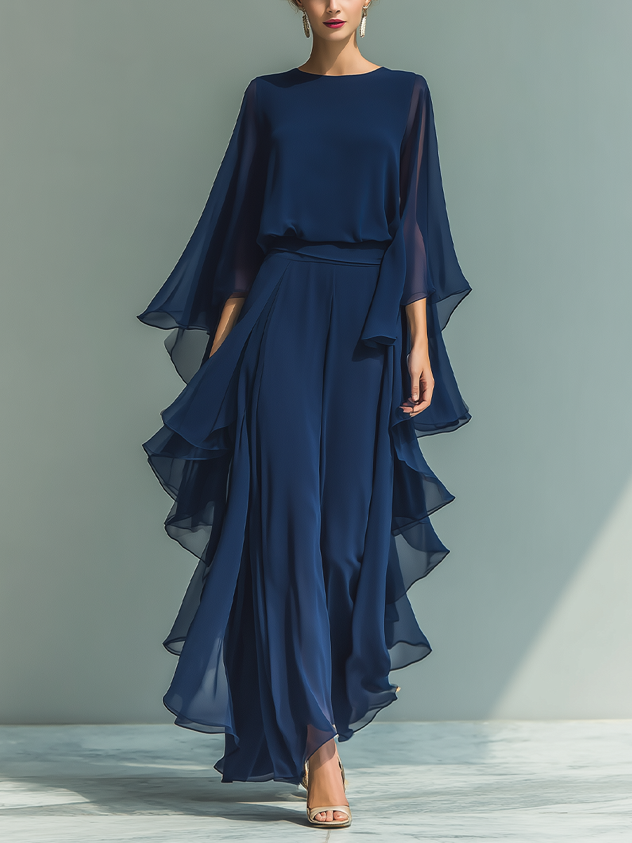 Conjunto de Chiffon Azul Marinho com Folhos