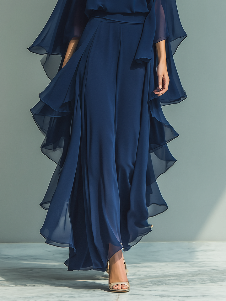 Conjunto de Chiffon Azul Marinho com Folhos