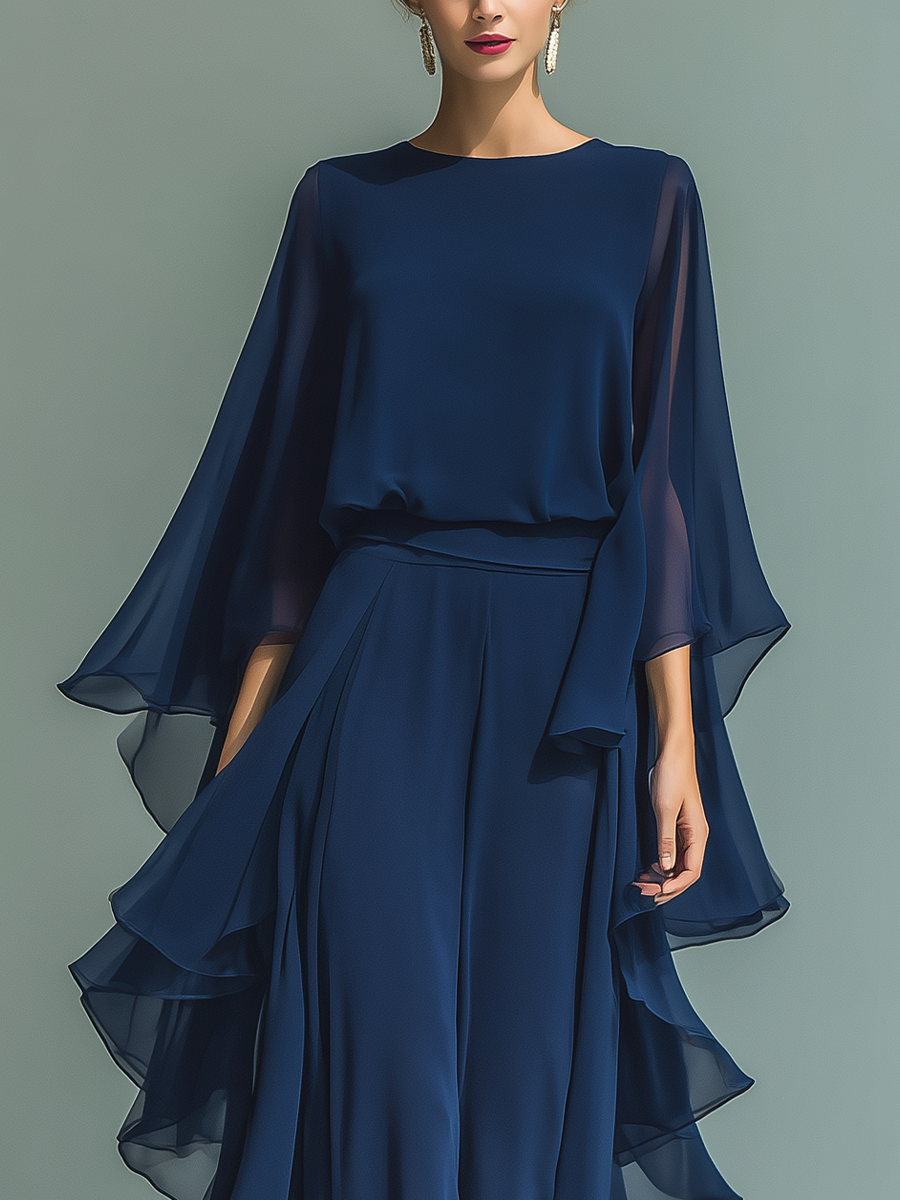 Conjunto de Chiffon Azul Marinho com Folhos