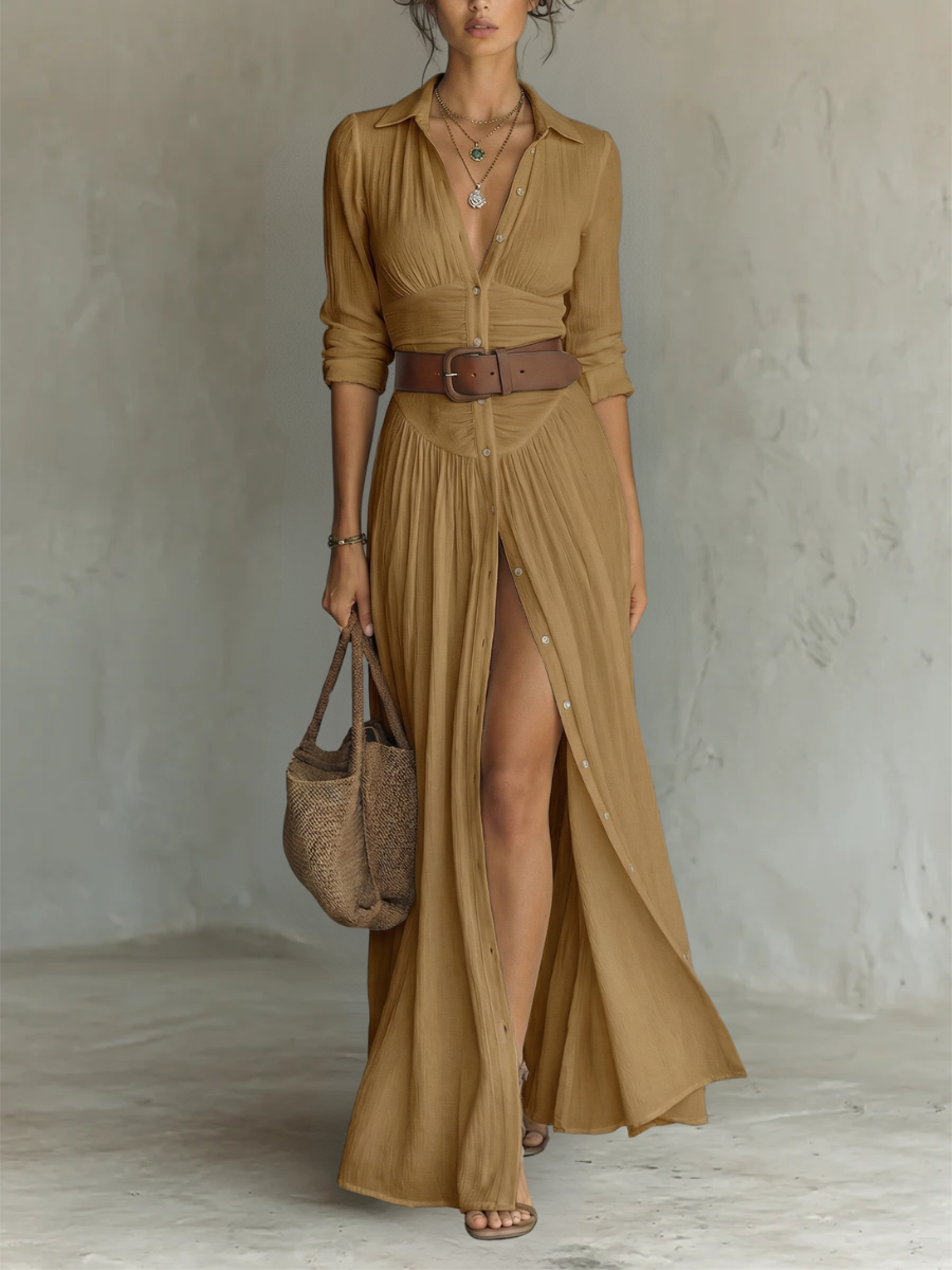 Vestido Maxi de Linho com Colarinho de Lapela e Mangas Compridas