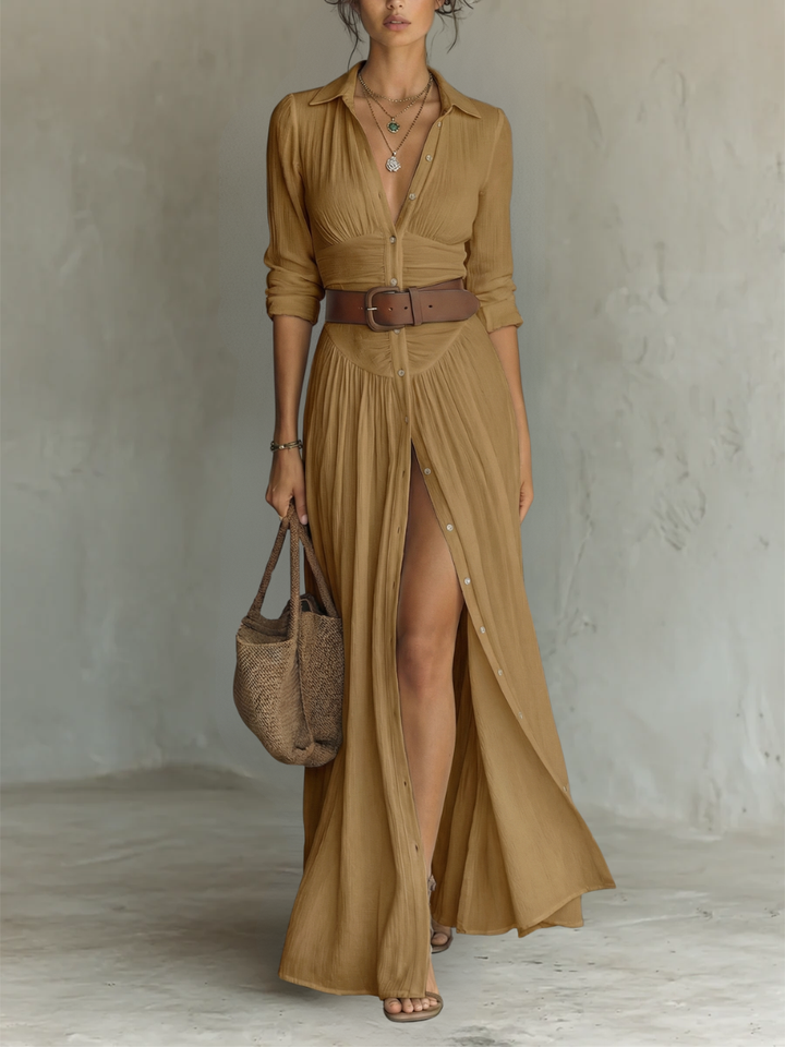 Vestido Maxi de Linho com Colarinho de Lapela e Mangas Compridas