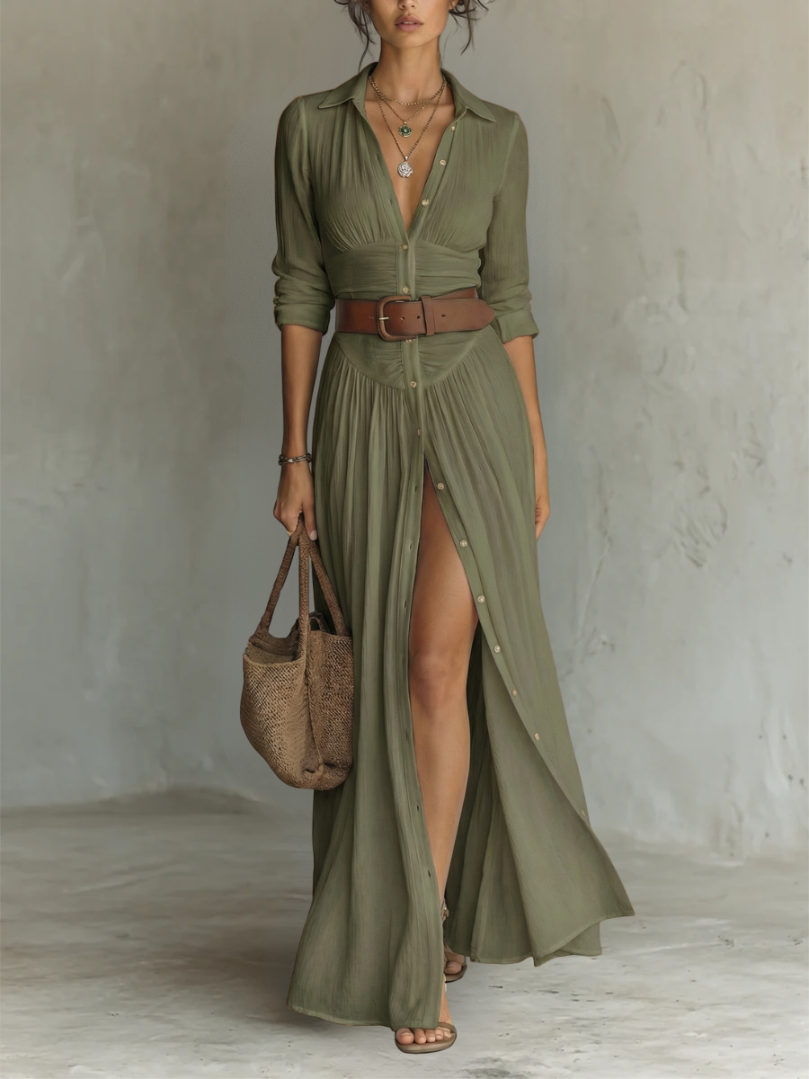 Vestido Maxi de Linho com Colarinho de Lapela e Mangas Compridas
