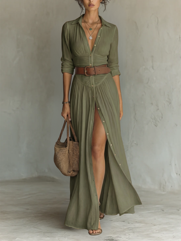 Vestido Maxi de Linho com Colarinho de Lapela e Mangas Compridas