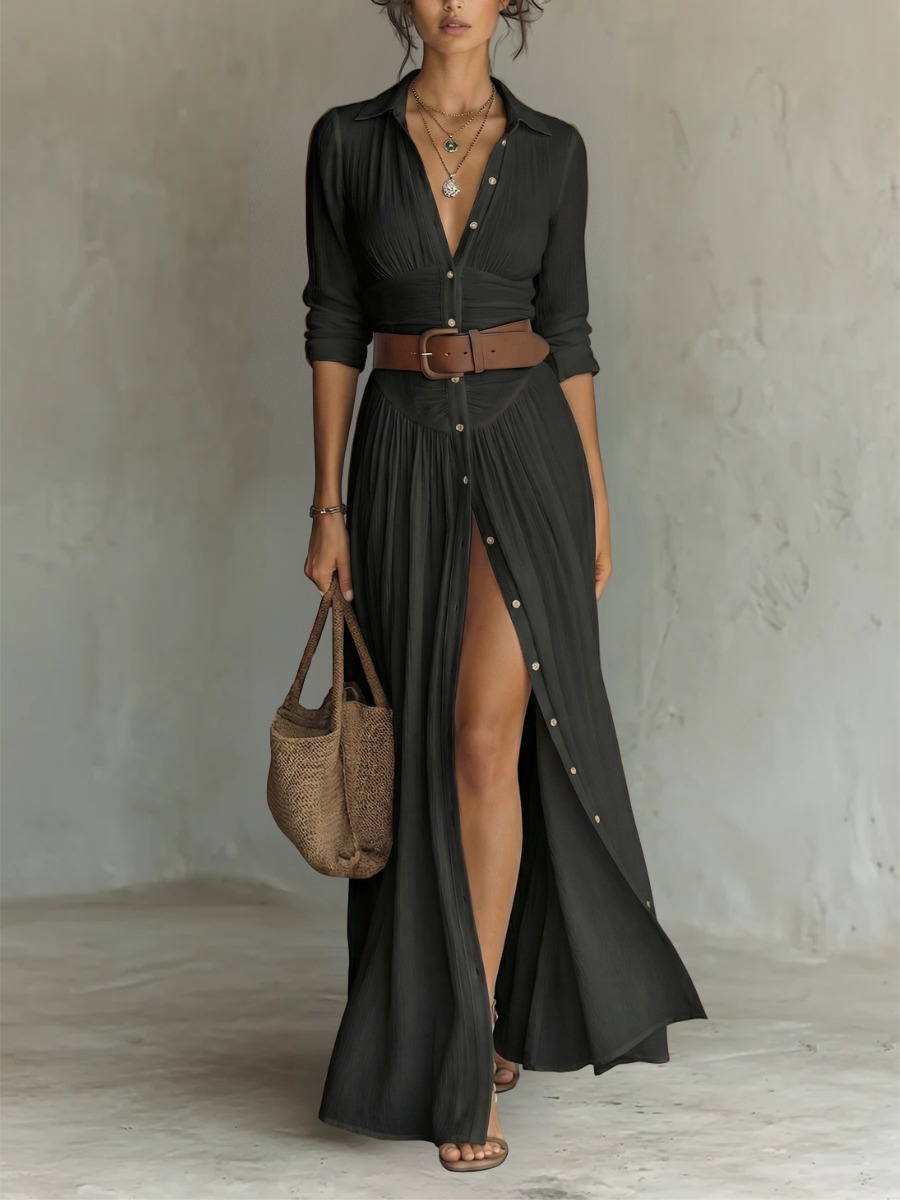 Vestido Maxi de Linho com Colarinho de Lapela e Mangas Compridas