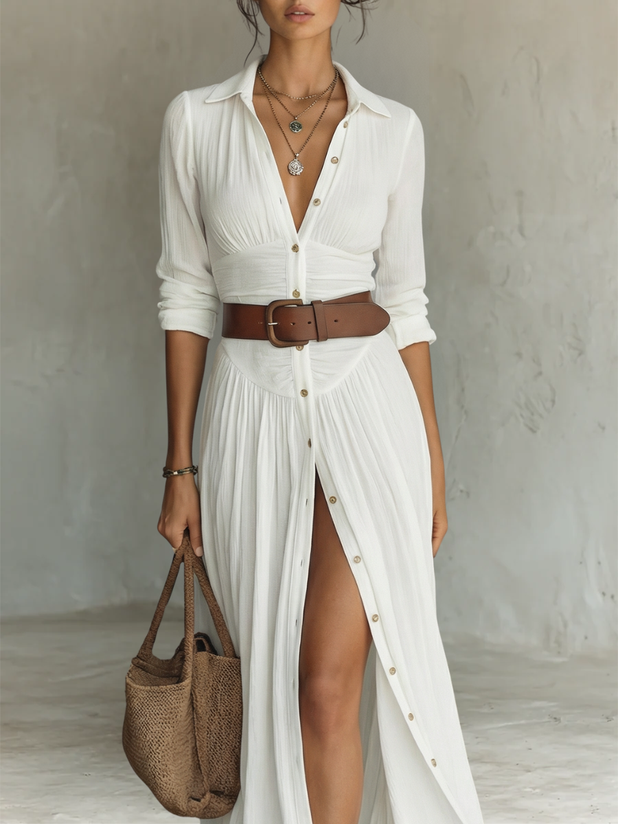 Vestido Maxi de Linho com Colarinho de Lapela e Mangas Compridas