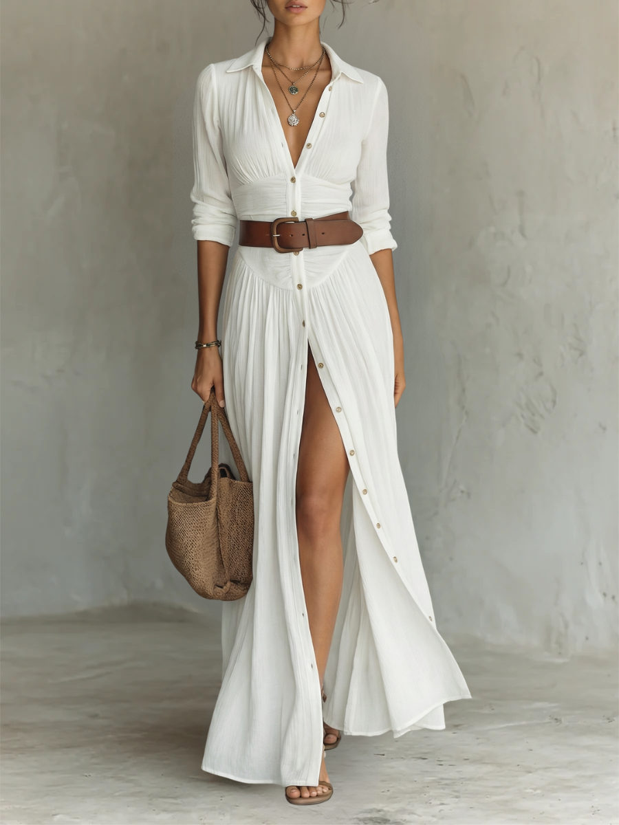 Vestido Maxi de Linho Branco com Pregas