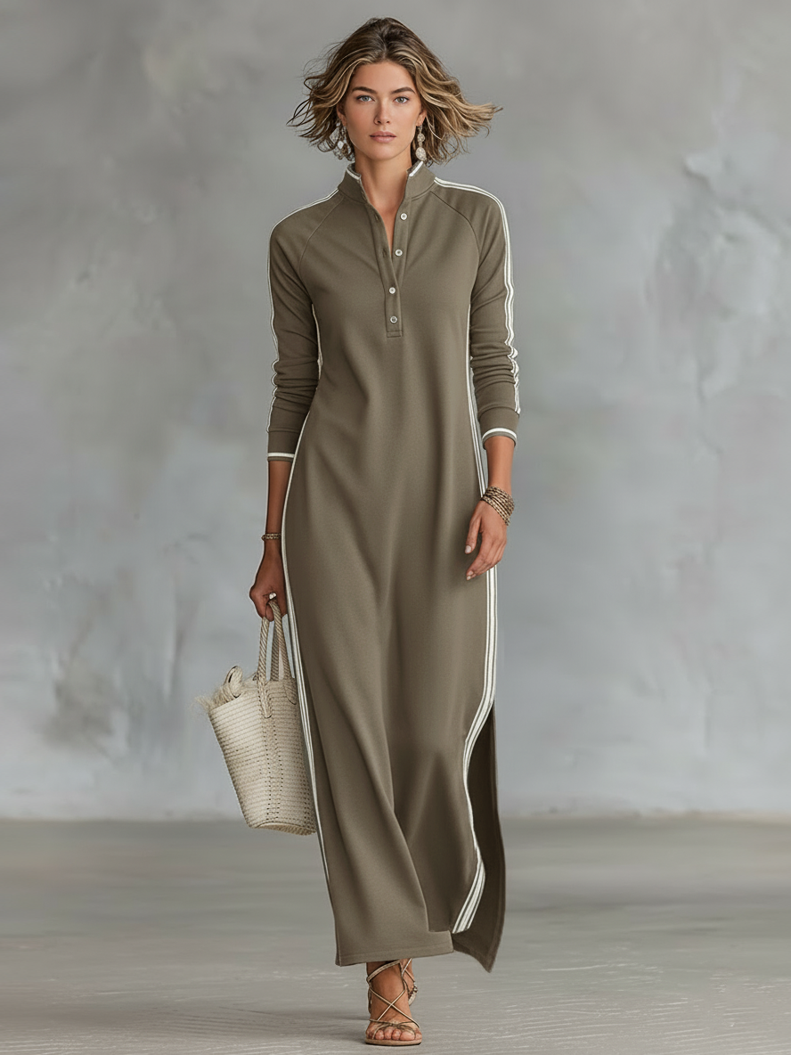 Vestido Maxi de Jersey com Gola de Botões