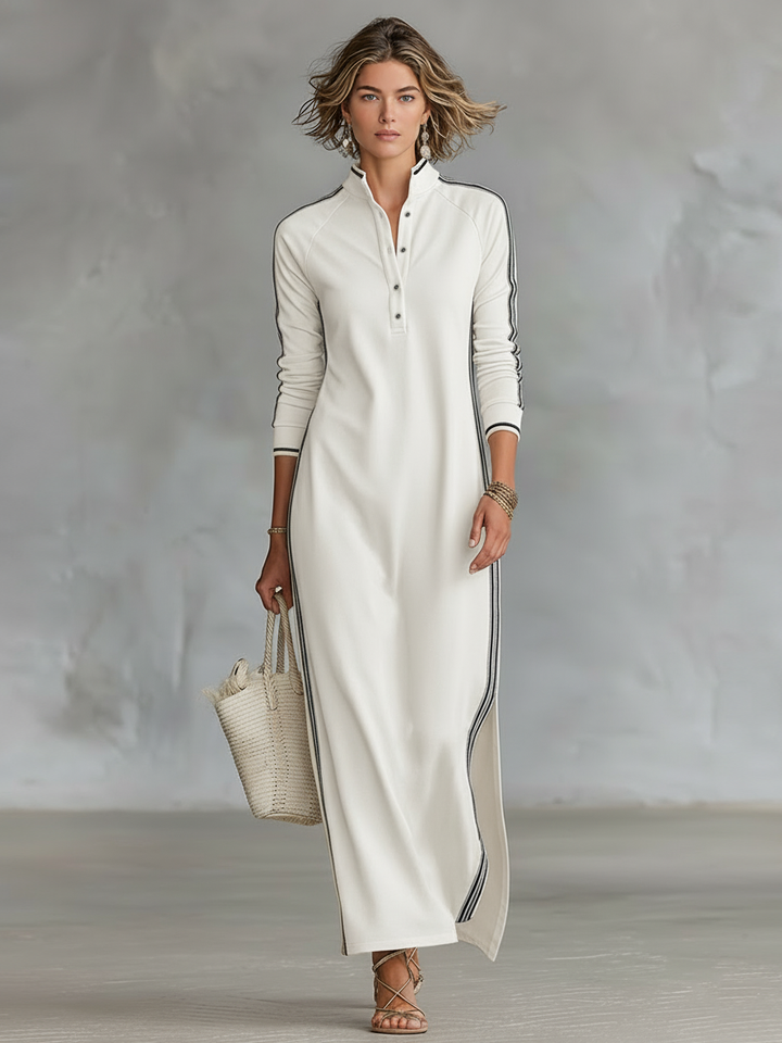 Vestido Maxi de Jersey com Gola de Botões