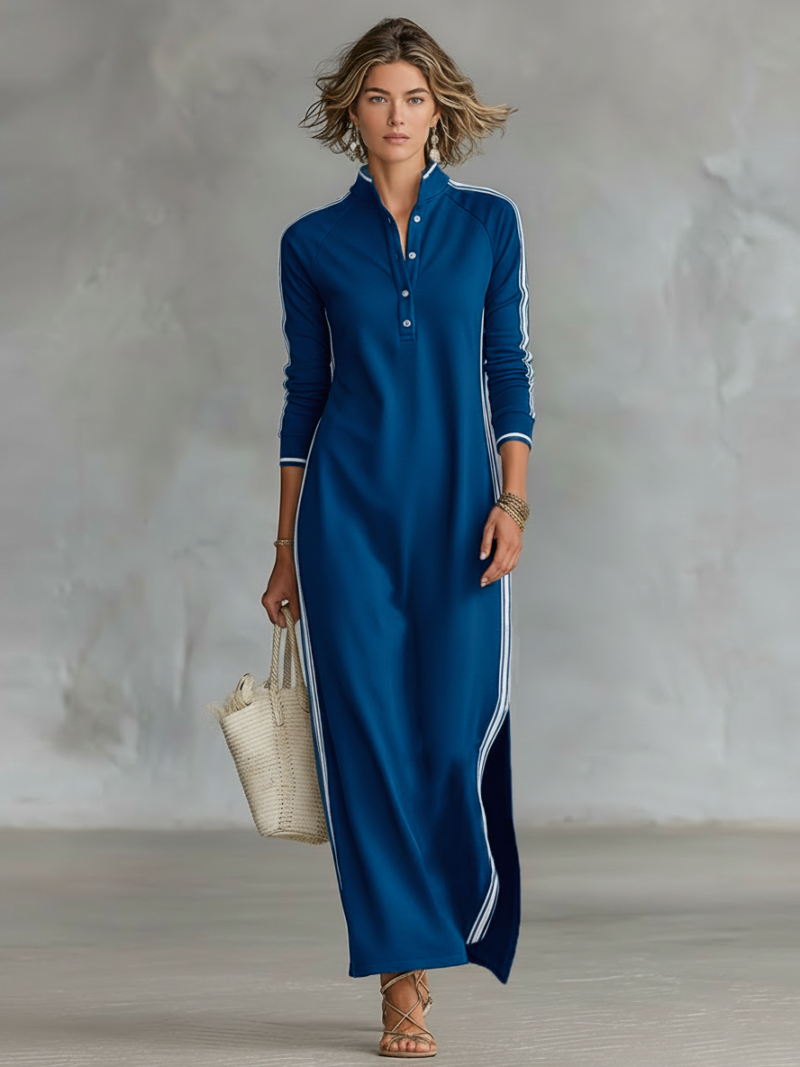 Vestido Maxi de Jersey com Gola de Botões