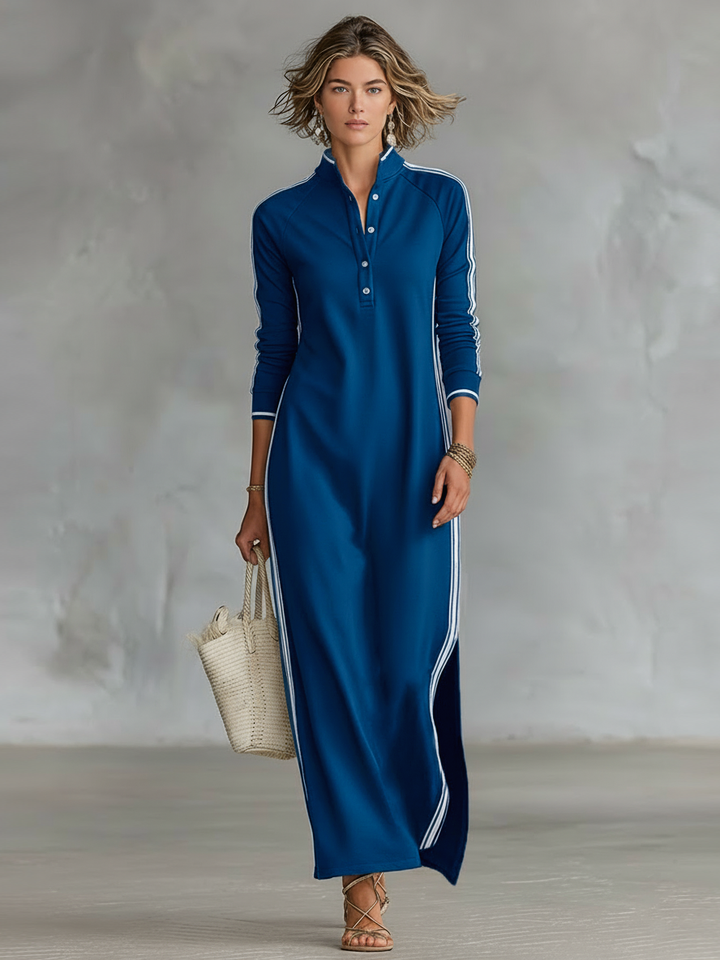 Vestido Maxi de Jersey com Gola de Botões