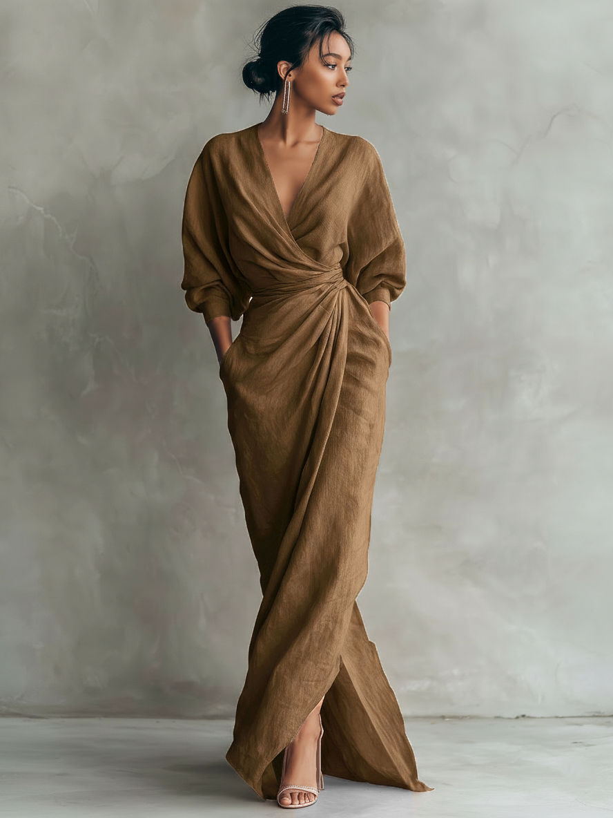 Vestido Maxi de Linho Rosa com Decote em V