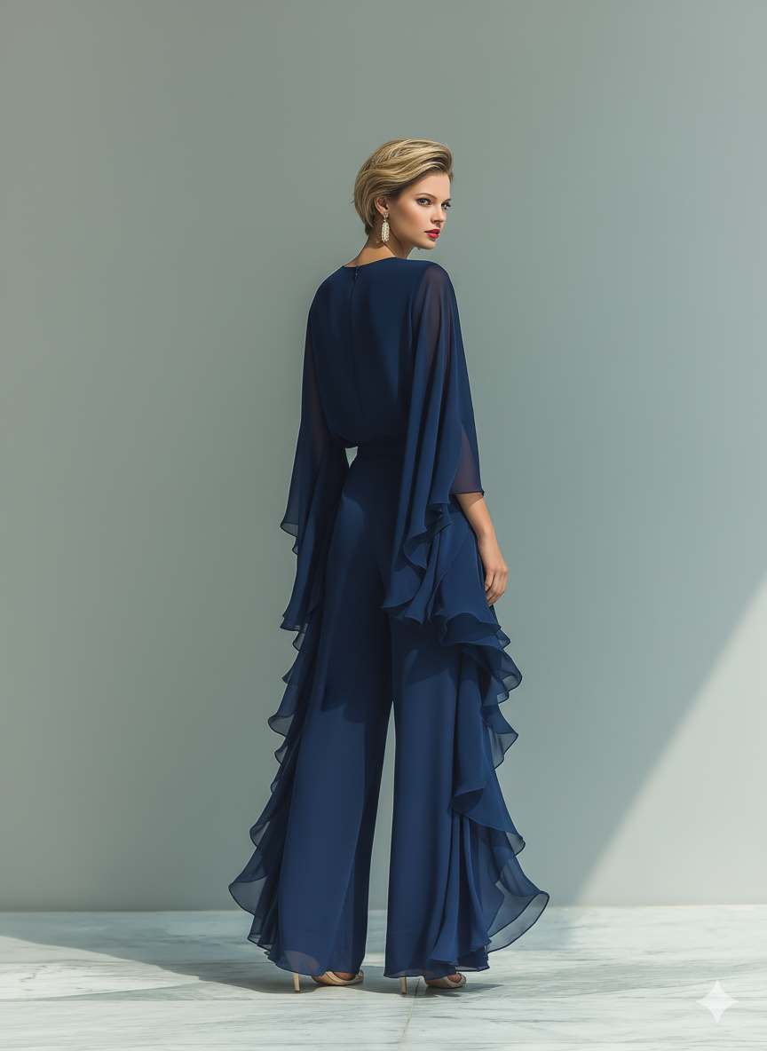Conjunto de Chiffon Azul Marinho com Folhos
