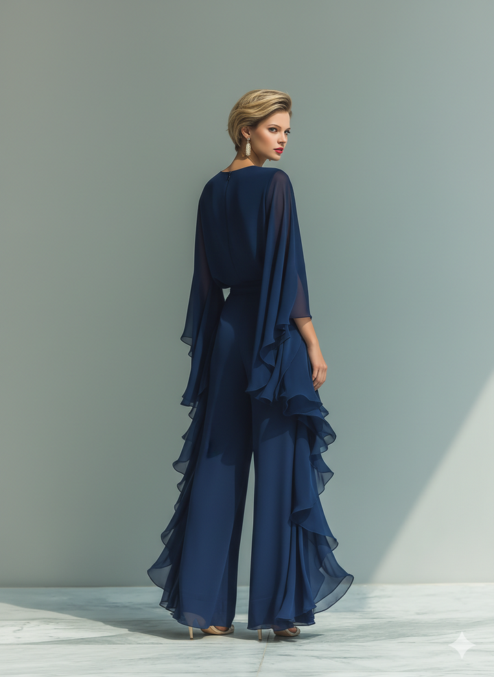 Conjunto de Chiffon Azul Marinho com Folhos