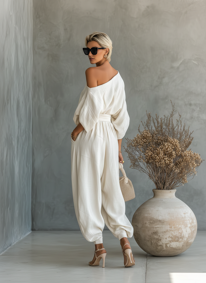 Conjunto de Linho Off-Shoulder com Calças
