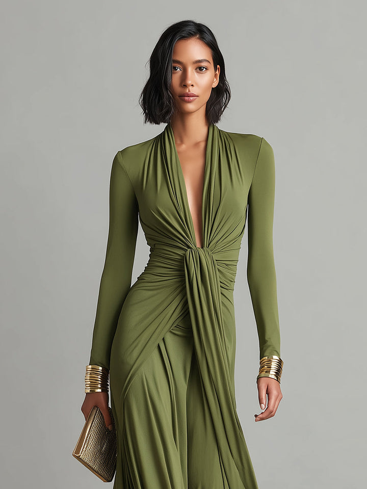 Vestido Maxi de Seda Verde Oliva com Decote em V