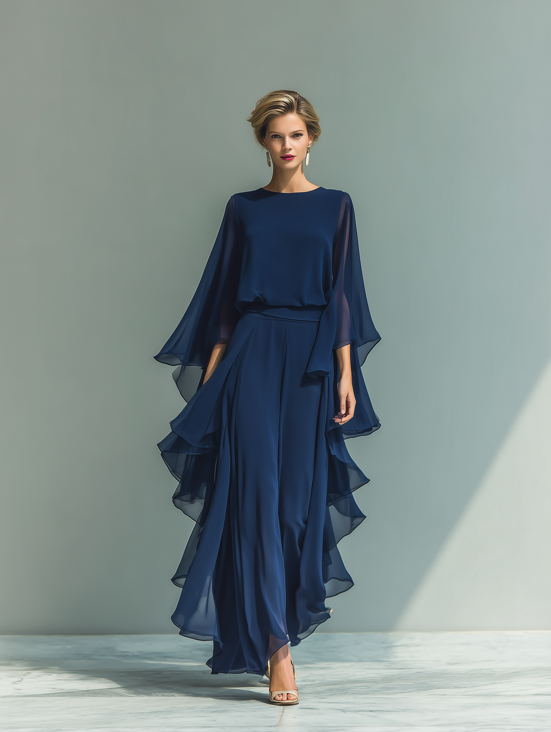 Conjunto de Chiffon Azul Marinho com Folhos