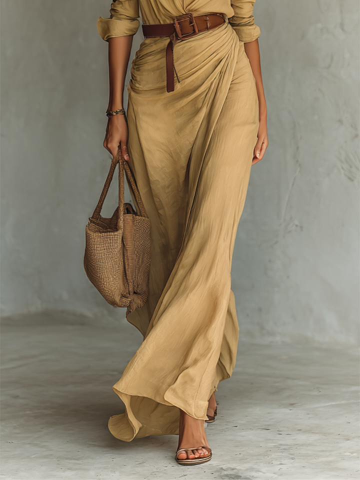Vestido Maxi com Colarinho de Lapela e Mangas Compridas