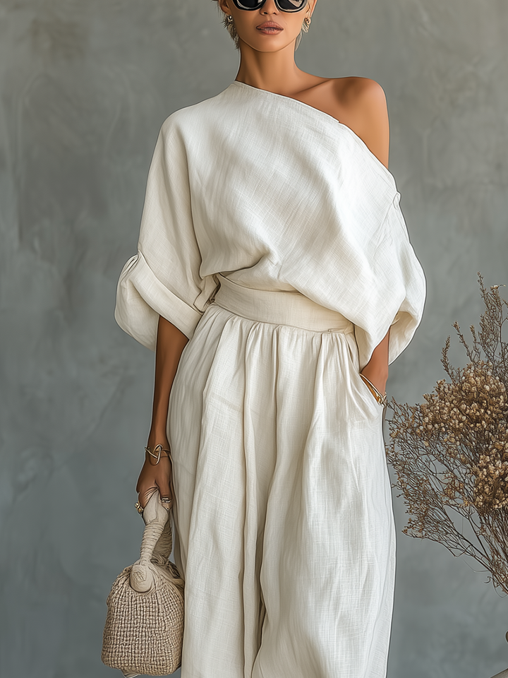 Conjunto de Linho Off-Shoulder com Calças