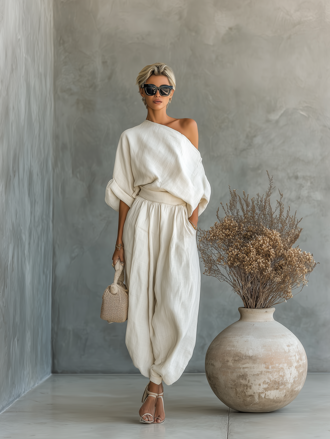 Conjunto de Linho Off-Shoulder com Calças