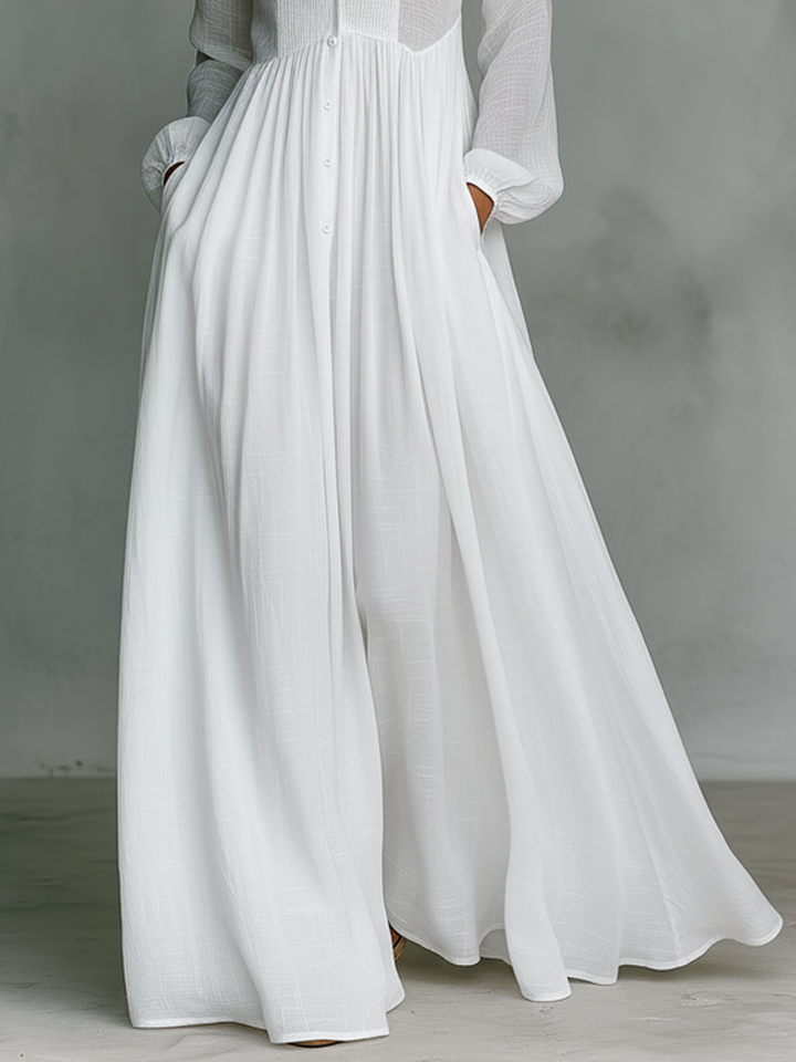 Vestido Maxi de Linho Patchwork com Gola Mao