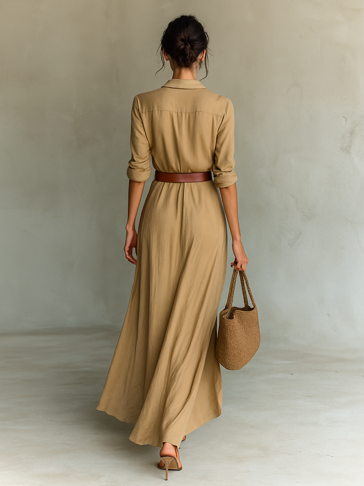 Vestido Maxi com Colarinho de Lapela e Mangas Compridas